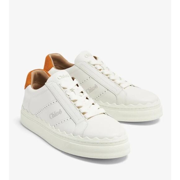 Chloé Leather Scalloped Lauren Sneakers in White & Orange - Picture 1 of 16